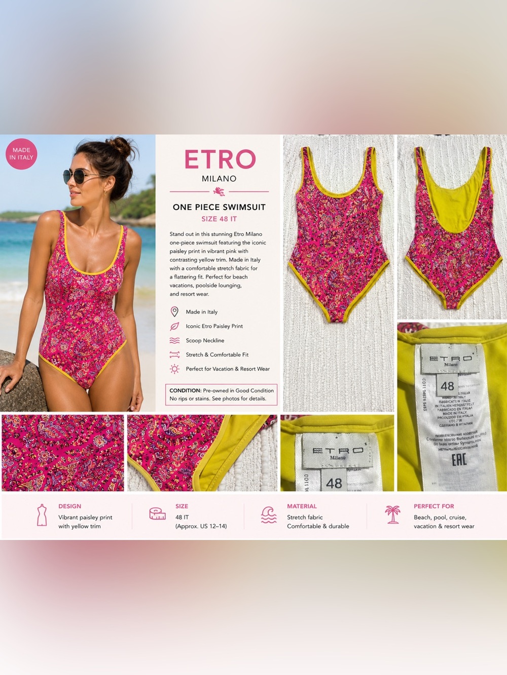 Etro Milano One Piece Swimsuit Pink Paisley Print Yellow Trim Size 48 US(12-14)L